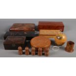 A box of woodenware. Includes Mauchline ware, walnut jewellery box, etc.