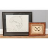 Gordon Chell, a framed pencil drawing of a fish, along with a framed collection of gut eyed salmon
