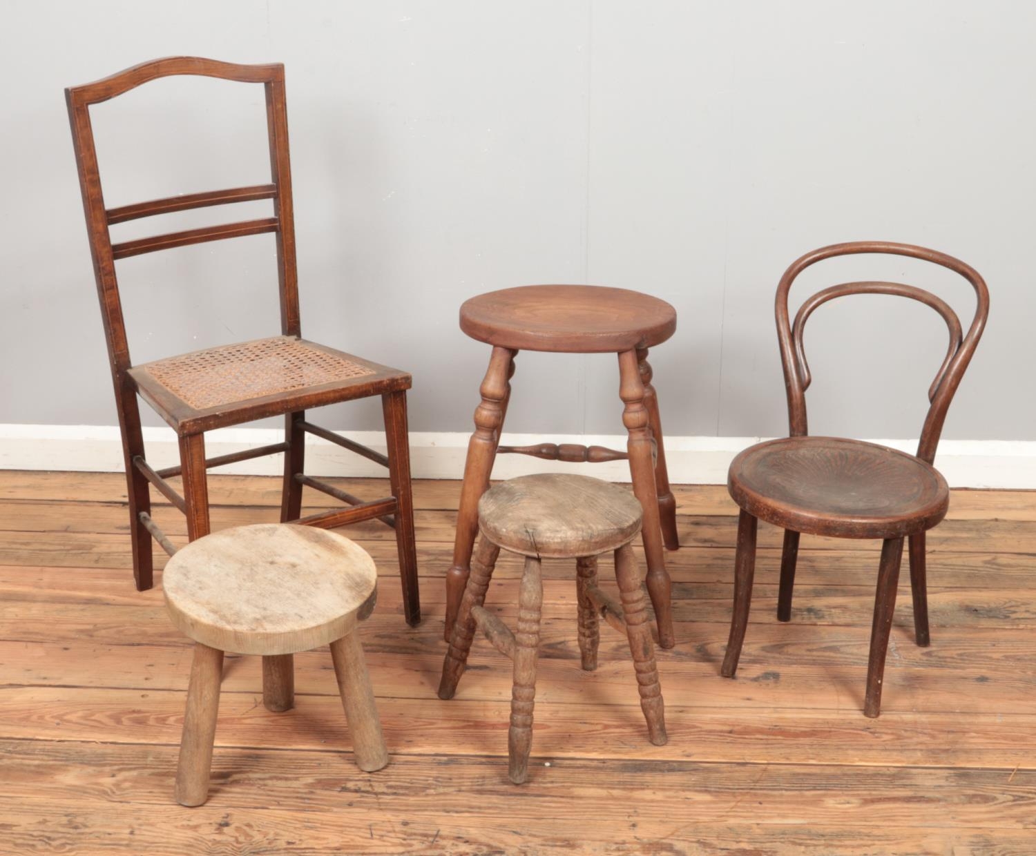 A collection of assorted furniture, to include turned stools and bergere base chair.