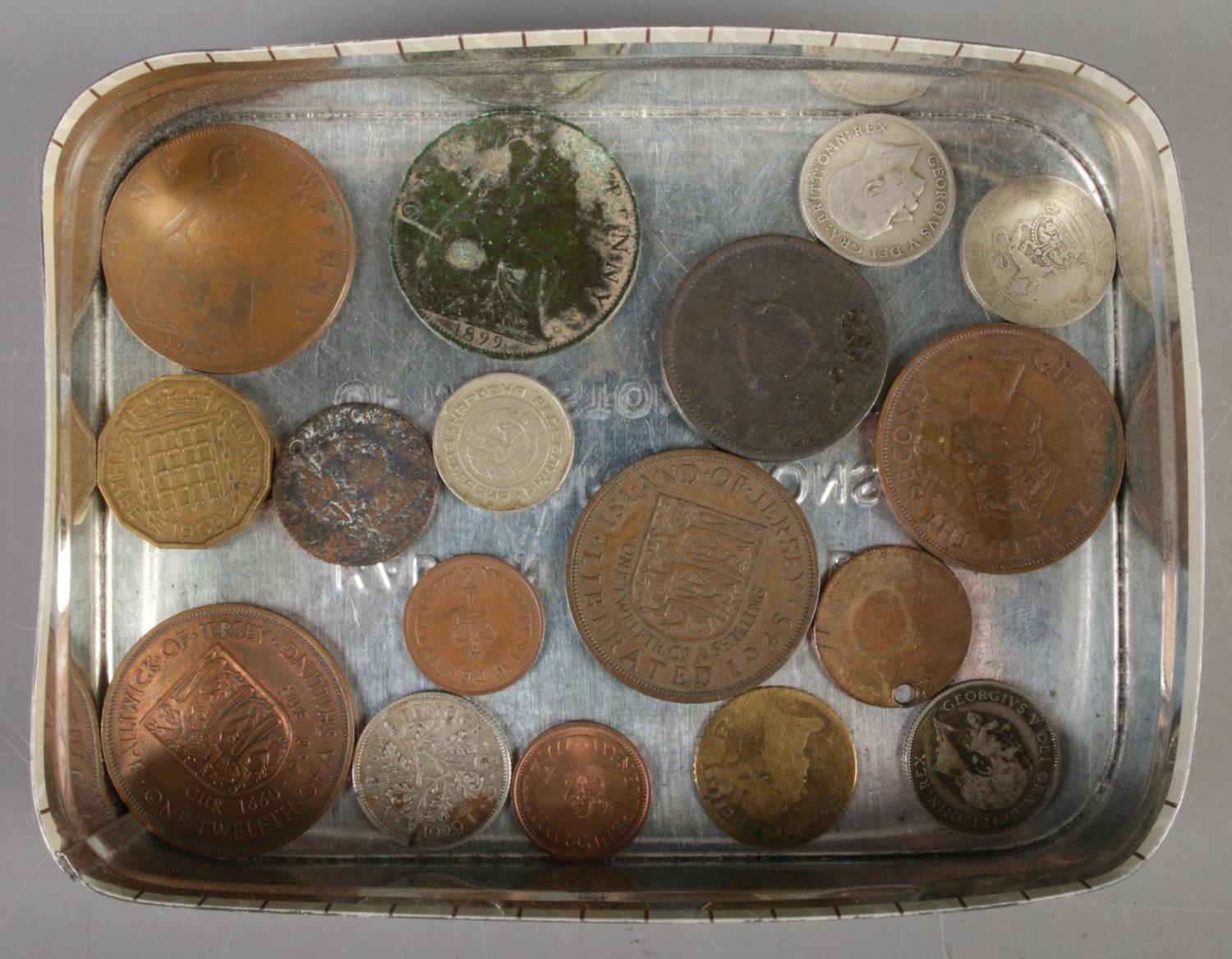 A collection of mostly British pre decimal coins. Includes George III Irish half penny, half