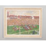 Don Smith, a framed acrylic on board, horse racing scene at Haydock Park. 28.5cm x 38cm.