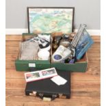 Two boxes of miscellaneous. Includes character jugs, Spartan case, Black Abbots signed postcard,