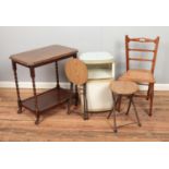 Five pieces of furniture. Includes folding stools, Lloyd loom bedside cabinet, etc.