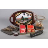 A quantity of collectables. Includes butterfly tray, pair of carved tigers, cased Chinese seal etc.