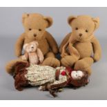 A box of toys. Includes Zasan porcelain head doll, Harrods bear and two larger bears.