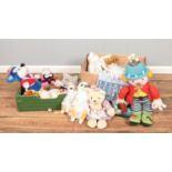 Two boxes of assorted soft toys, including large knitted clown and 'Cuddles Time' meerkats.