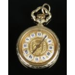 A miniature 14ct Gold Swiss manual wind fob watch, stamped 585 and with squirrel mark to case. 17