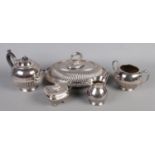 A small collection of silver plate. Includes tureen, E.Leclere examples, etc.