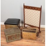 A collection of brassware to include ash box and magazine rack along with tapestry fire screen.