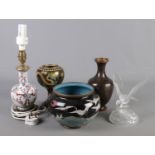 Four pieces of cloisonne along with a crystal model of an eagle. Includes two vases, bowl and lamp