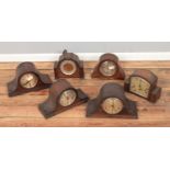 Six mantle clocks including Art Deco examples. Woodworm. One missing pendulum.