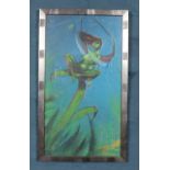 A framed mixed media painting, depicting a fantastical nude female. 39cm x 21cm.