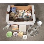 A box of miscellaneous. Includes glass ceiling light, table lamp, Burleigh ware, egg cups etc.