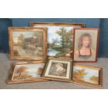 A collection of pictures. Includes large gilt framed oils, pastel portrait etc.