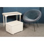 Three pieces of furniture to include velvet covered occasional chair, small painted blanket box