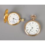 A 14ct gold filled Prescot pocket watch along with Waltham half-hunter example.