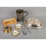 A quantity of collectables including Walker & Hall silver plated tureen, jewellers assay tester,