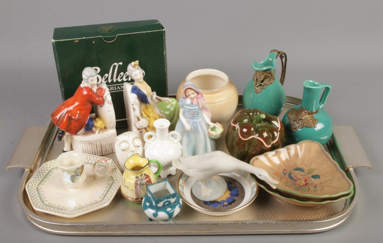 A tray of ceramics. Includes Lladro, Coalport, Royal Doulton, Masons etc.