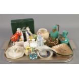 A tray of ceramics. Includes Lladro, Coalport, Royal Doulton, Masons etc.