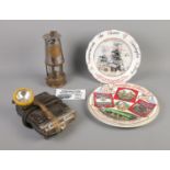 A quantity of mining items to include Protector Lamp & Lighting No.44 miners lamp, commemorative