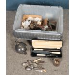 A box of assorted silver plated EPNS to include selection of flatware, tea pot, milk jugs, etc.