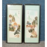 A pair of large Chinese pictures, landscape scenes with applied decoration.