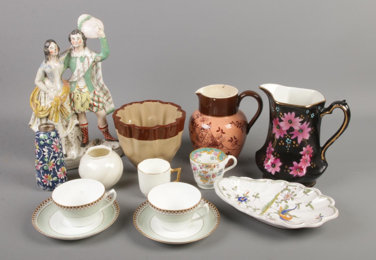 A collection of mainly Victorian ceramics. Includes flatback figure, Royal Worcester pot, Wedgwood