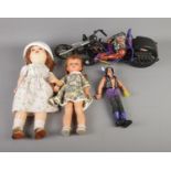 Two vintage dolls along with two Doctor X action figures including motorbike example.