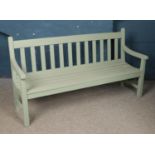 A large painted wooden garden bench, with slatted back and base. Height: 98cm, Length: 182cm, Depth: