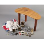 A quantity of collectables. Includes retro style table, lighters, Edward VIII flag etc.