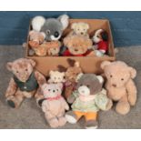 A boxed of soft toys. Includes Harrods bear example, etc.
