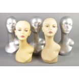 Five large vintage display mannequin heads; one stamped Sensationnel.