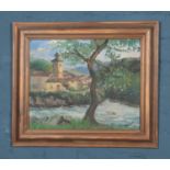 A framed acrylic on board depicting town by a river landscape, signature indistinct. Approx.