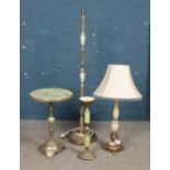 Four onyx items. Includes table lamp, standard lamp, small table and smokers stand.