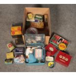 A box of mainly vintage tins. Includes Johnsons first aid tin with contents, tobacco tins, OXO etc.