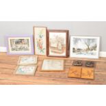 A collection of framed pictures and needlework to include Wilfred Ball, plaques and tapestry.