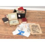 Collection of stamps, books and photographs, along with Victorian photo album music box (Not