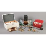 A quantity of collectables, to include first aid kit, pair of cockerel fixtures, box cameras and