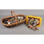 Wicker basket and one box of assorted costume jewellery including bracelets, bangles and necklaces