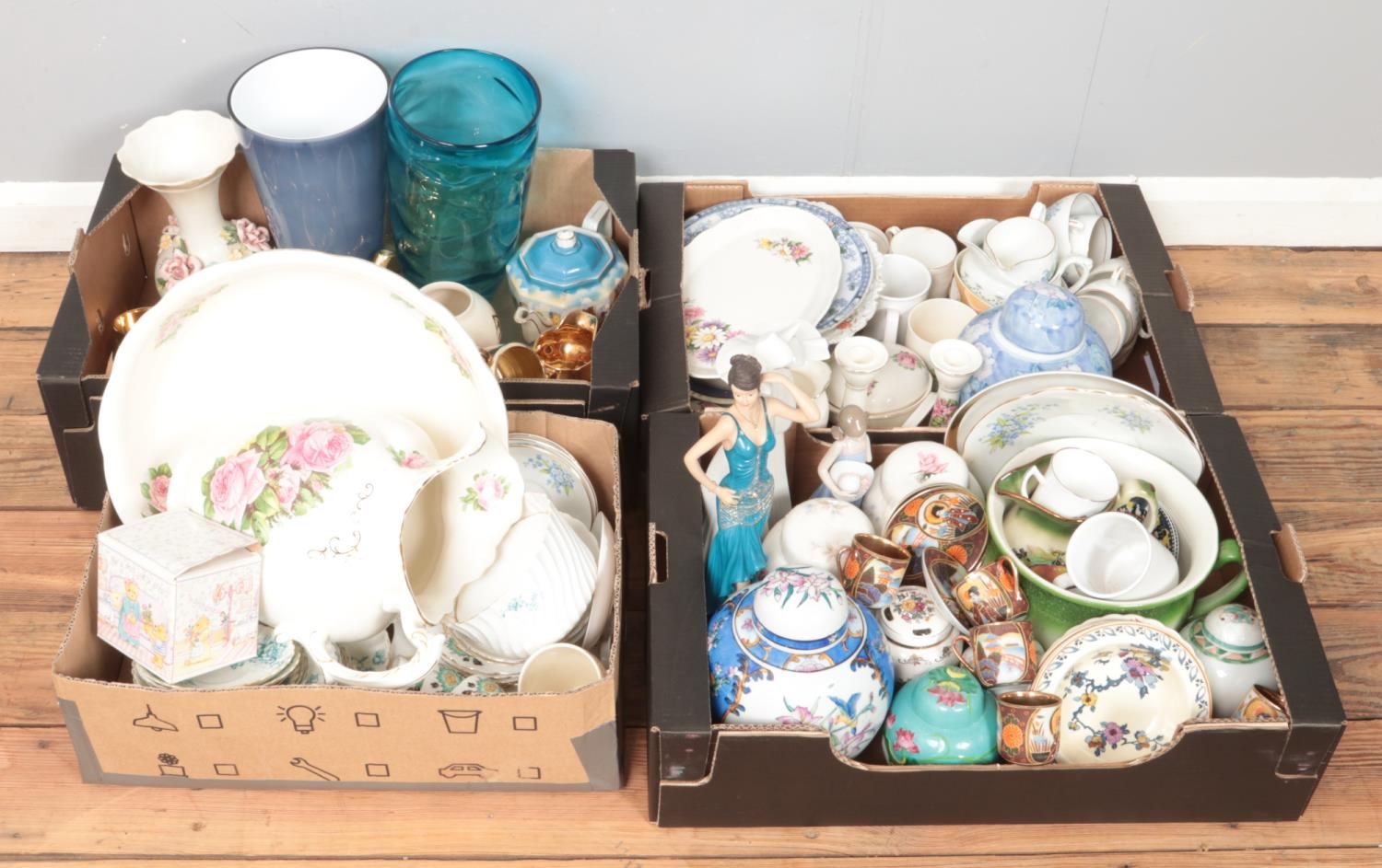 Four boxes of mainly assorted ceramics, to include Lladro figures, Japanese cups and saucers, part