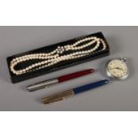 A quantity of collectables. Includes Smiths white metal pocket watch, two Parker pens and a boxed