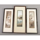 Three framed Chinese watercolours. Two with birds and the other with a sailboat in landscape scene.