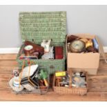A box and three baskets of miscellaneous to include ceramics, glassware and kitchenware, etc.