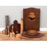 A quantity of woodenwares, to include fire screen, carved bowl, turned candlesticks and carved