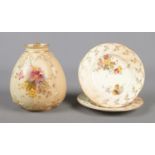 Three pieces of Royal Worcester ceramics in the blushware pattern. Includes lidded jar, dated 1908