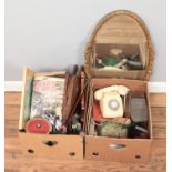 Two boxes of assorted miscellaneous. Includes bevel edged mirror, war magazines, clothes brushes,