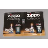 Three Zippo lighters including two unopened Zippo collection magazines featuring Battle of Britain