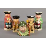 Five ceramic Toby/character jugs. Includes Sylvac Robin Hood, Wood & Sons and Burlington Ware.