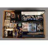 A tray of costume and dress jewellery, to include crucifix pendant on chain, lighters, rings,