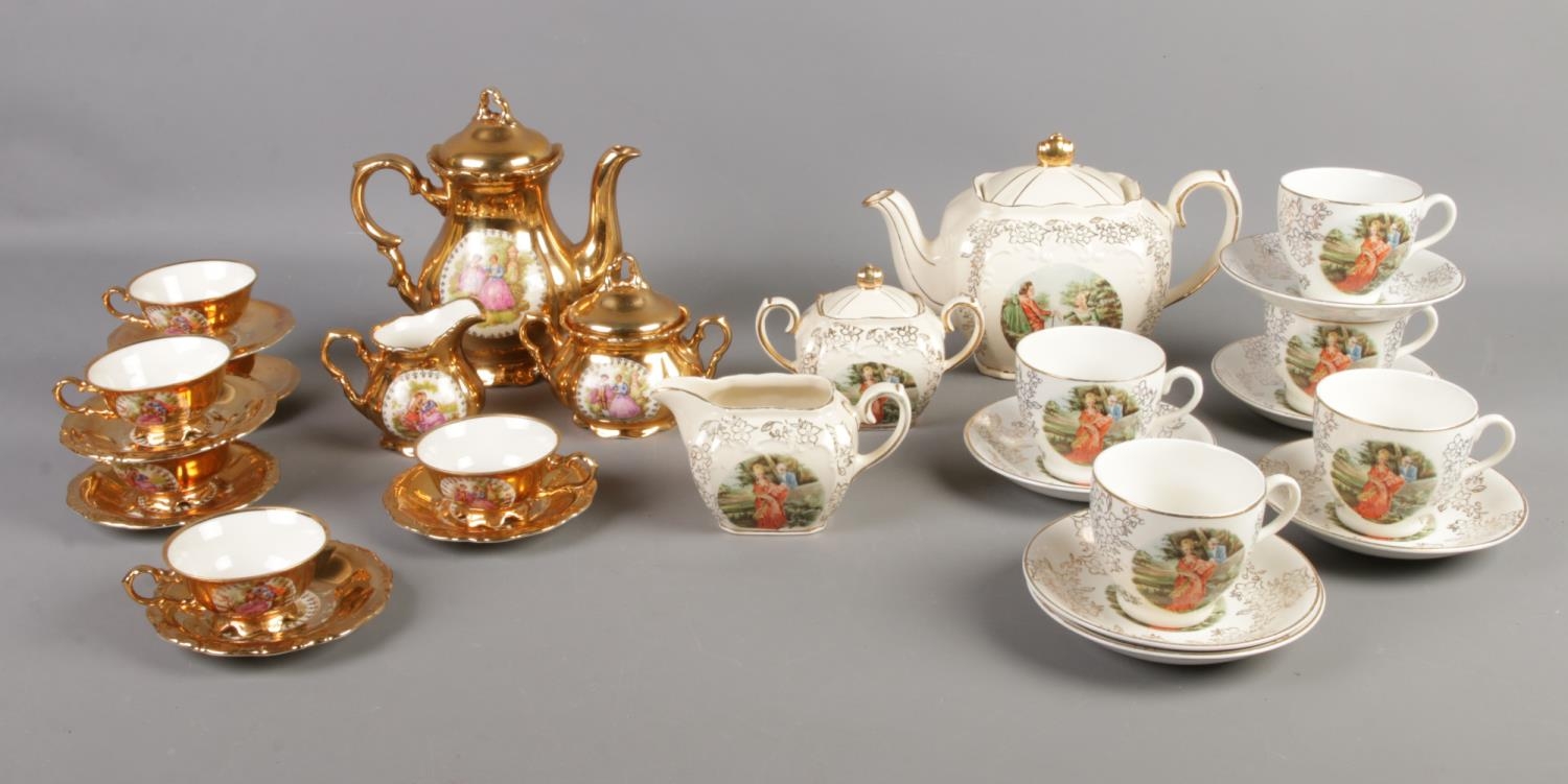 Two part bone china tea services; including Bavarian example. Contains cups, saucers and Sadler